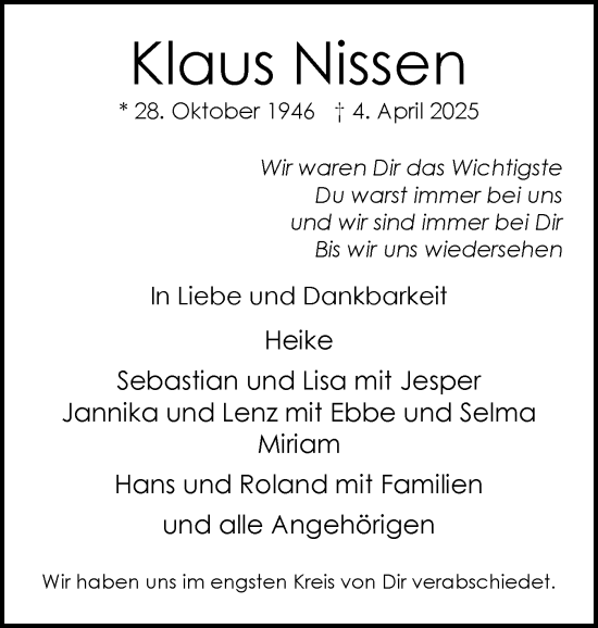 Traueranzeige von Klaus Nissen von Region Pinneberg und tip Pinneberg