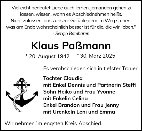 Traueranzeige von Klaus Paßmann von Flensburger Tageblatt
