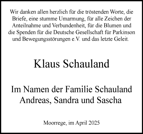 Traueranzeige von Klaus Schauland von Uetersener Nachrichten, Der tip am Wochenende