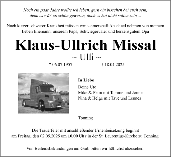 Traueranzeige von Klaus-Ullrich Missal von Husumer Nachrichten, Nordfriesland Tageblatt