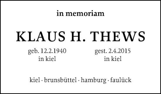 Traueranzeige von Klaus H. Thews von Schleswiger Nachrichten, Schlei-Bote
