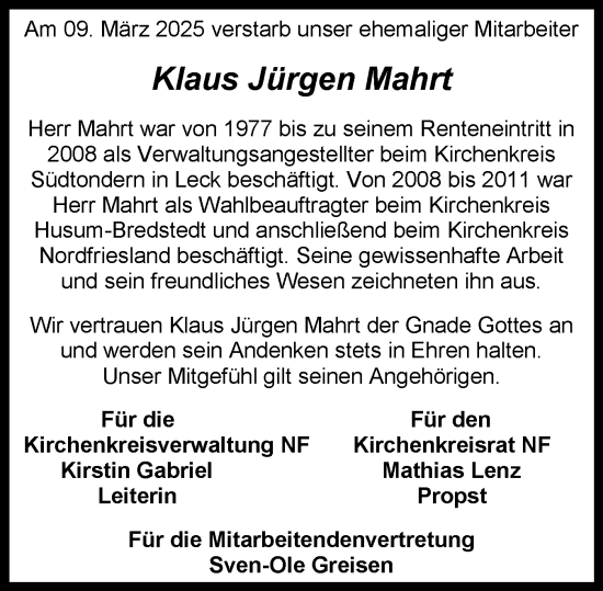 Traueranzeige von Klaus Jürgen Mahrt von Region Flensburg