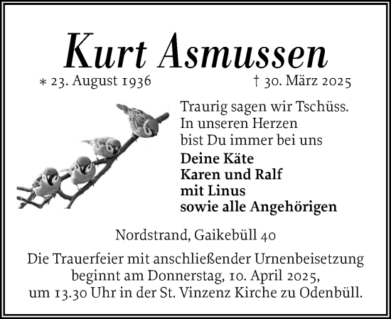 Traueranzeige von Kurt Asmussen von Husumer Nachrichten, Nordfriesland Tageblatt