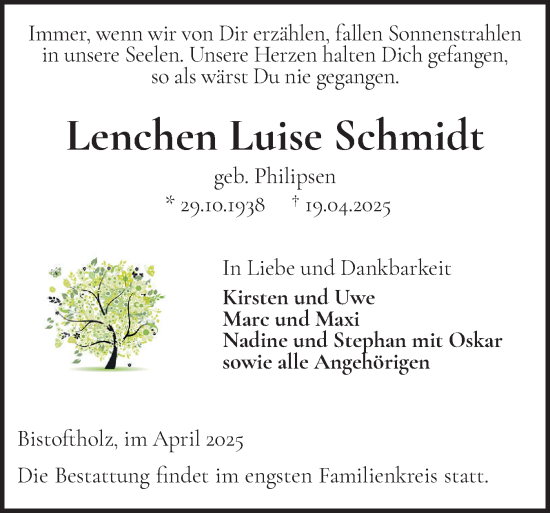 Traueranzeige von Lenchen  Schmidt von Flensburger Tageblatt