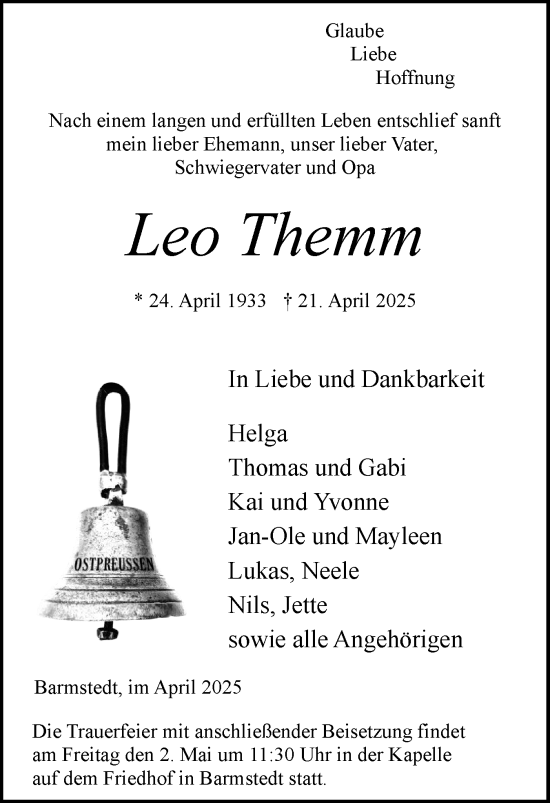 Traueranzeige von Leo Themm von Elmshorner Nachrichten, Barmstedter Zeitung