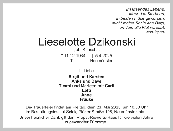 Traueranzeige von Lieselotte Dzikonski von Holsteinischer Courier