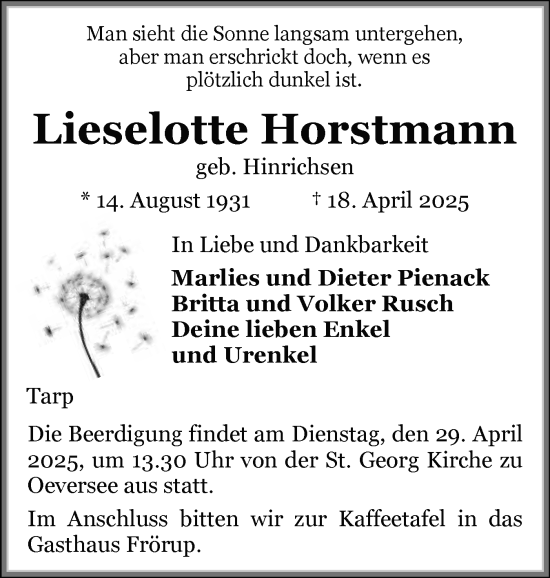 Traueranzeige von Lieselotte Horstmann von Flensburger Tageblatt