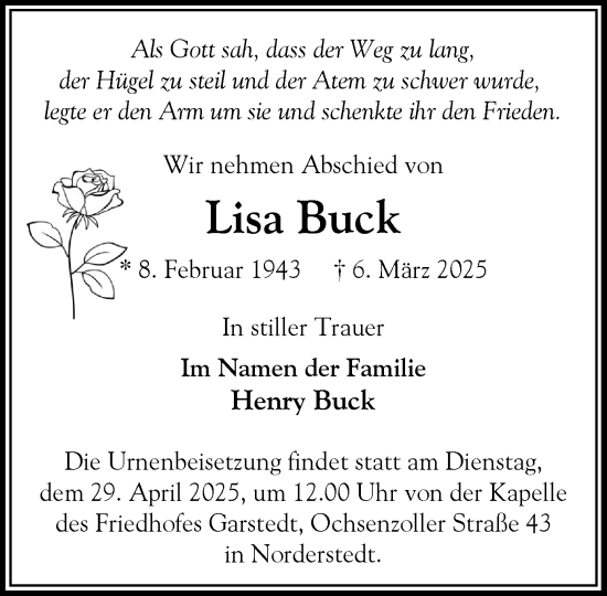 Traueranzeige von Lisa Buck von Heimatspiegel