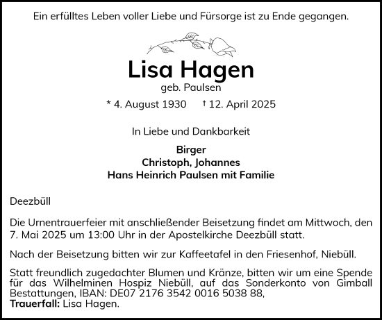 Traueranzeige von Lisa Hagen von Husumer Nachrichten, Nordfriesland Tageblatt