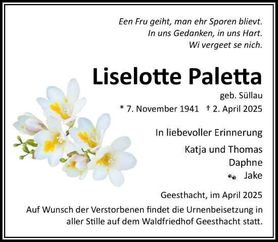 Traueranzeige von Liselotte Paletta von Wochenend Anzeiger