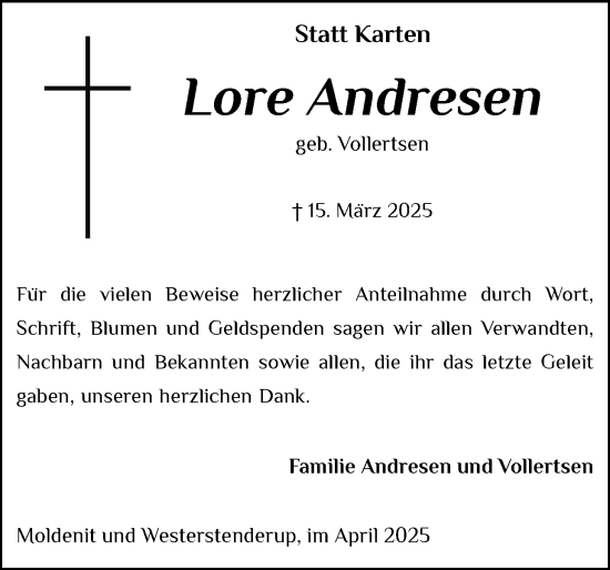 Traueranzeige von Lore Andresen von Flensburger Tageblatt, Schleswiger Nachrichten, Schlei-Bote