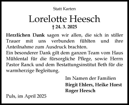 Traueranzeige von Lorelotte Heesch von Norddeutsche Rundschau, Wilstersche Zeitung, Glückstädter Fortuna