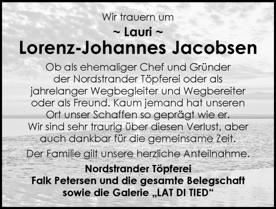 Traueranzeige von Lorenz-Johannes Jacobsen von Husumer Nachrichten, Nordfriesland Tageblatt