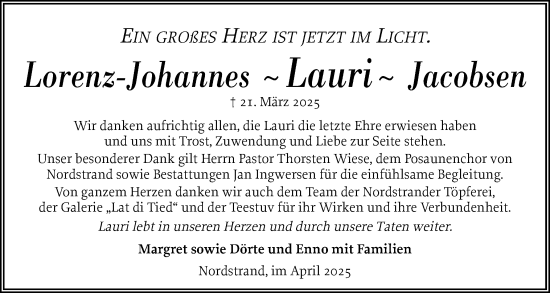 Traueranzeige von Lorenz-Johannes Jacobsen von Region Flensburg