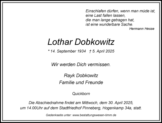Traueranzeige von Lothar Dobkowitz von Region Pinneberg und tip Pinneberg