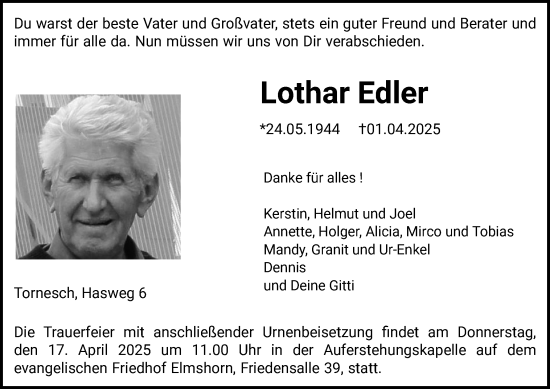 Traueranzeige von Lothar Edler von Region Pinneberg und tip Pinneberg