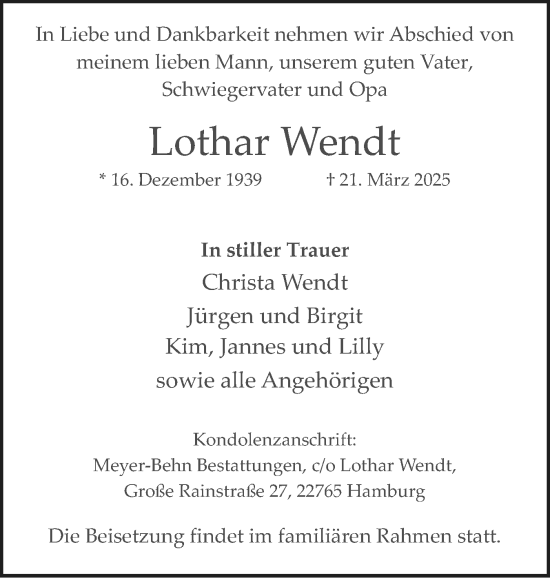 Traueranzeige von Lothar Wendt von Schleswig-Holsteinische Landeszeitung