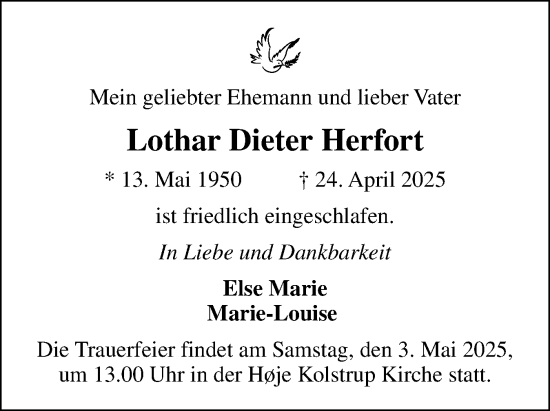 Traueranzeige von Lothar Dieter Herfort von Flensburger Tageblatt