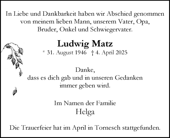 Traueranzeige von Ludwig Matz von Uetersener Nachrichten, Der tip am Wochenende