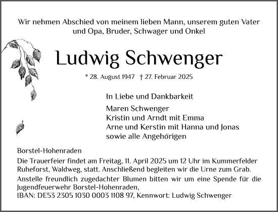Traueranzeige von Ludwig Schwenger von Region Pinneberg und tip Pinneberg