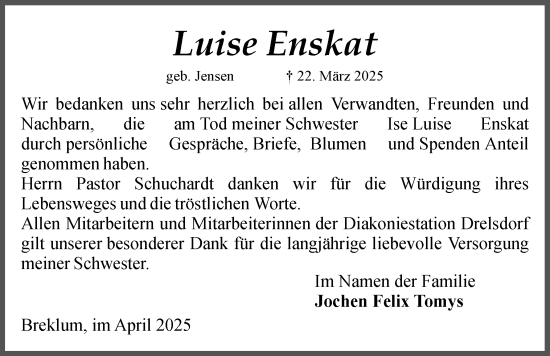 Traueranzeige von Luise Enskat von Husumer Nachrichten, Nordfriesland Tageblatt