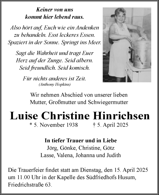 Traueranzeige von Luise Christine Hinrichsen von Husumer Nachrichten, Nordfriesland Tageblatt