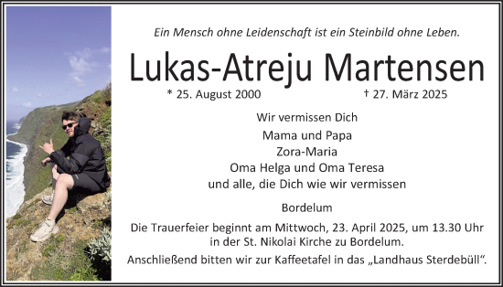 Traueranzeige von Lukas-Atreju Martensen von Husumer Nachrichten, Nordfriesland Tageblatt