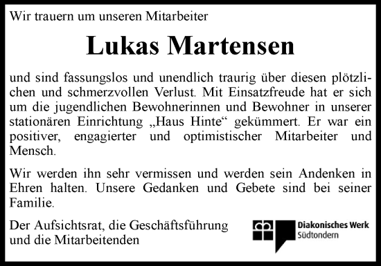Traueranzeige von Lukas Martensen von Husumer Nachrichten, Nordfriesland Tageblatt