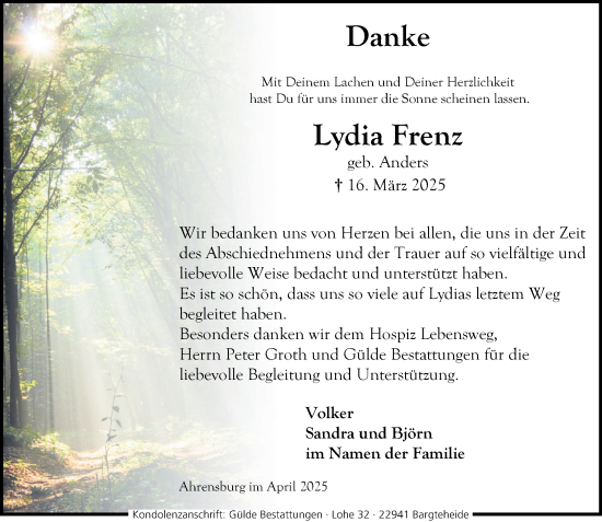 Traueranzeige von Lydia Frenz von MARKT Ahrensburg/Bargteheide/Trittau und Stormarner Tageblatt