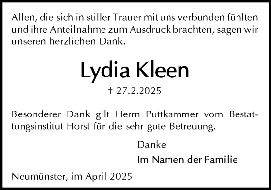 Traueranzeige von Lydia Kleen von Holsteinischer Courier