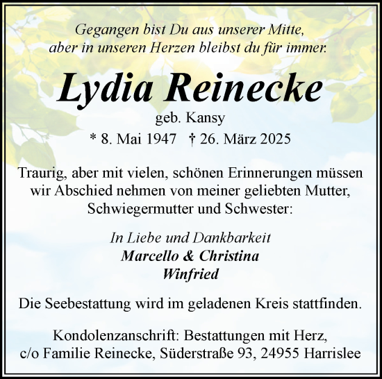 Traueranzeige von Lydia Reinecke von Flensburger Tageblatt