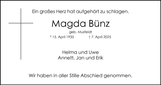 Traueranzeige von Magda Bünz von Norddeutsche Rundschau, Wilstersche Zeitung, Glückstädter Fortuna