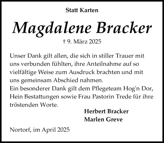 Traueranzeige von Magdalene Bracker von Schleswig-Holsteinische Landeszeitung