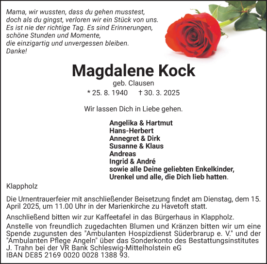 Traueranzeige von Magdalene Kock von Schleswiger Nachrichten, Schlei-Bote