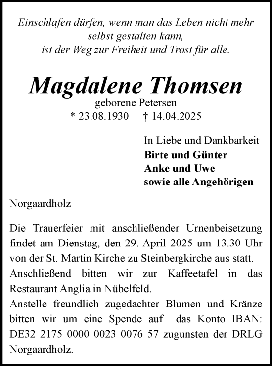 Traueranzeige von Magdalene Thomsen von Flensburger Tageblatt