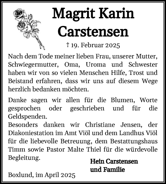 Traueranzeige von Magrit Karin Carstensen von Husumer Nachrichten, Nordfriesland Tageblatt