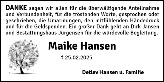 Traueranzeige von Maike Hansen von Schleswiger Nachrichten, Schlei-Bote