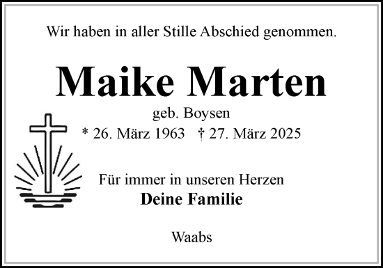Traueranzeige von Maike Marten von Eckernförder Zeitung, Hallo Eckernförde