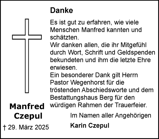 Traueranzeige von Manfred Czepul von Region Flensburg
