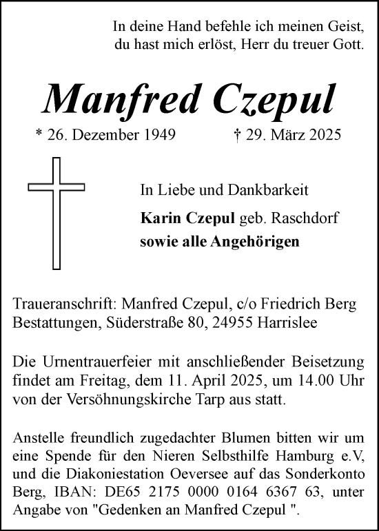 Traueranzeige von Manfred Czepul von Region Flensburg
