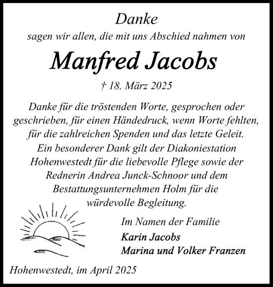 Traueranzeige von Manfred Jacobs von Schleswig-Holsteinische Landeszeitung