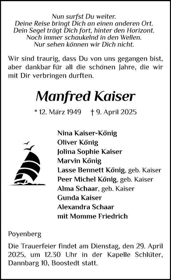 Traueranzeige von Manfred Kaiser von Holsteinischer Courier