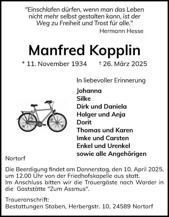 Traueranzeige von Manfred Kopplin von Schleswig-Holsteinische Landeszeitung
