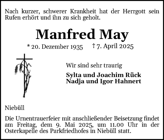 Traueranzeige von Manfred May von Husumer Nachrichten, Nordfriesland Tageblatt