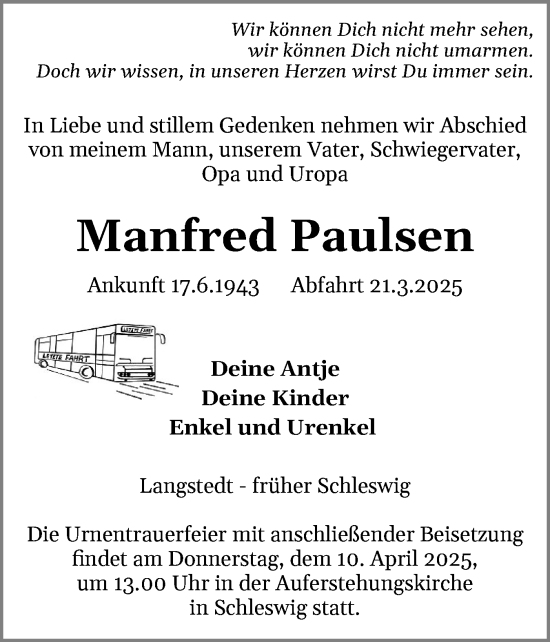 Traueranzeige von Manfred Paulsen von Schleswiger Nachrichten, Schlei-Bote