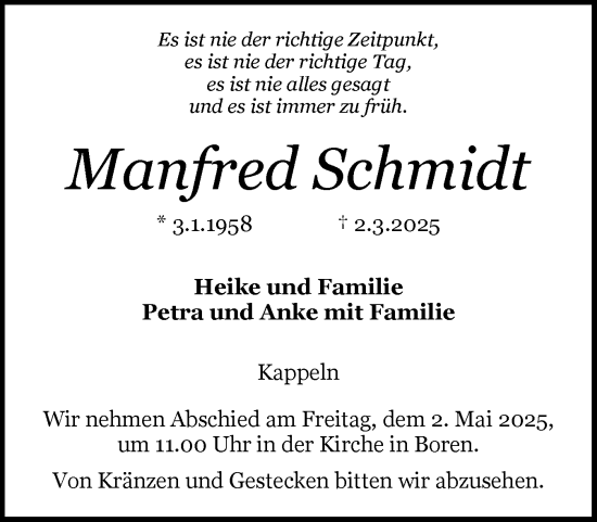 Traueranzeige von Manfred Schmidt von Schleswiger Nachrichten, Schlei-Bote
