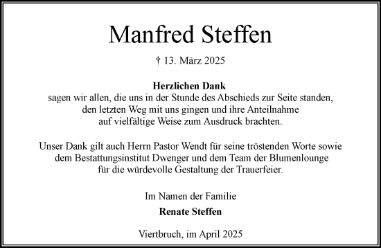 Traueranzeige von Manfred Steffen von MARKT Ahrensburg/Bargteheide/Trittau und Stormarner Tageblatt
