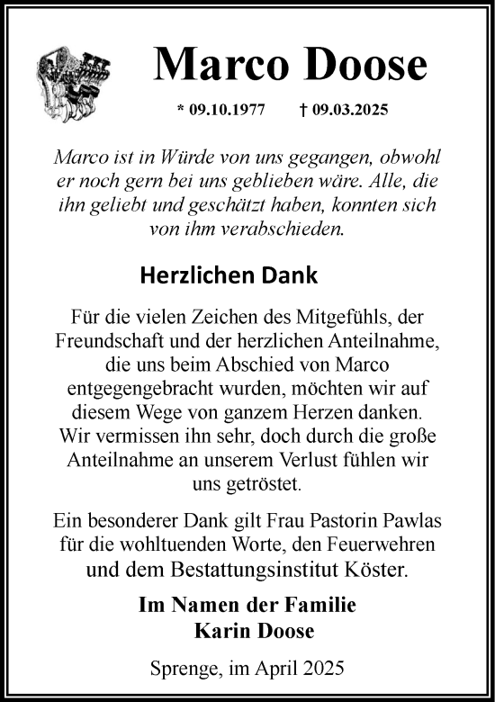 Traueranzeige von Marco Doose von MARKT Bad Oldesloe/Reinfeld, MARKT Ahrensburg/Bargteheide/Trittau und Stormarner Tageblatt