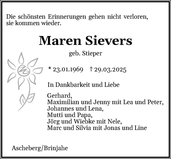 Traueranzeige von Maren Sievers von Schleswig-Holsteinische Landeszeitung