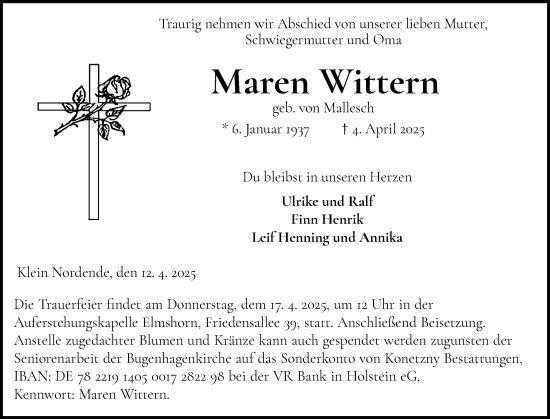 Traueranzeige von Maren Wittern von Elmshorner Nachrichten, Barmstedter Zeitung